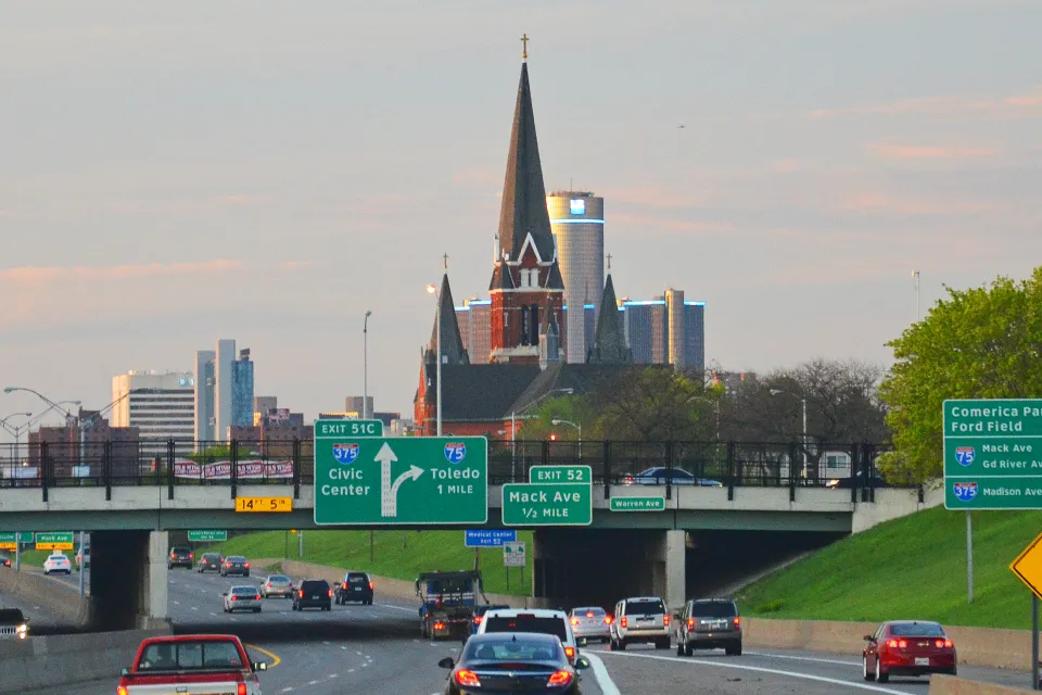 Interstate 375 in Detroit with church in background